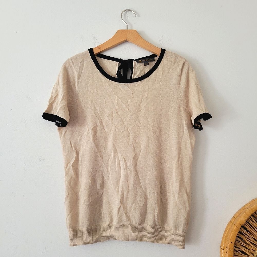 Outback Red Linen Blend Tie Back Top Beige Black Trim Short Sleeve Knit Tee M